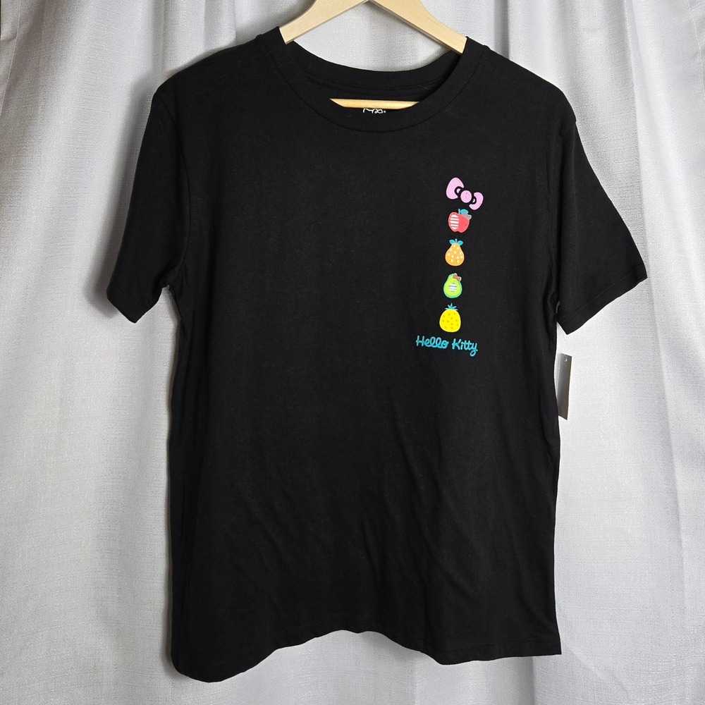 New Hello Kitty Black Graphic T Shirt Women's Short Sleeve‎ Fruit Farm Print